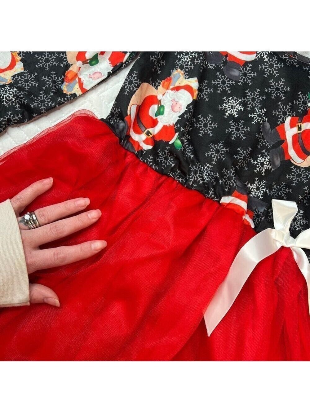Santa Claus Christmas Dress NEW sz 8 10 Tulle Long Sleeve Snowflakes Black Red - Picture 6 of 8